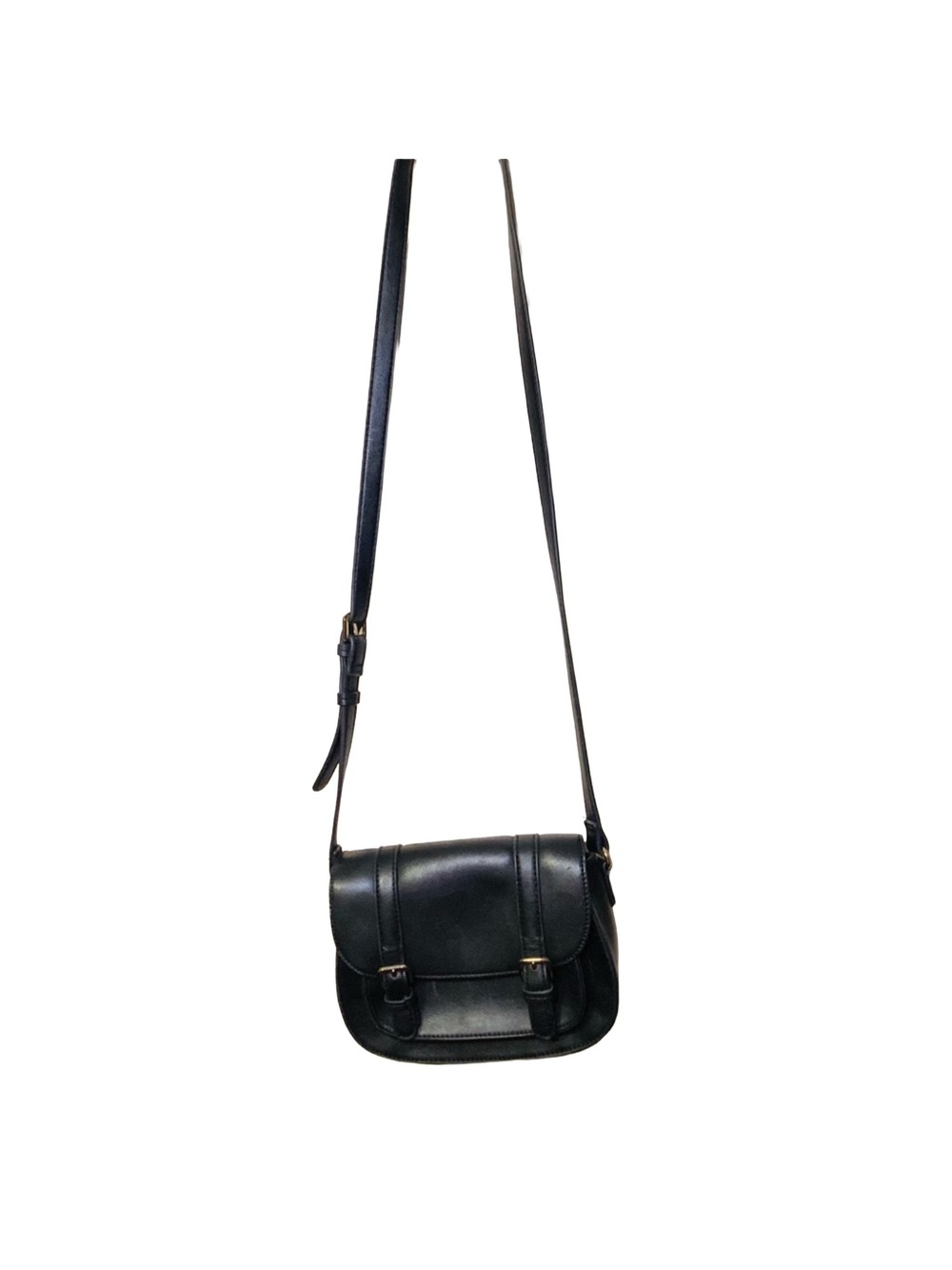 Vintage Black Faux Leather Saddle Crossbody Bag Flap Magnetic Snap 1990s